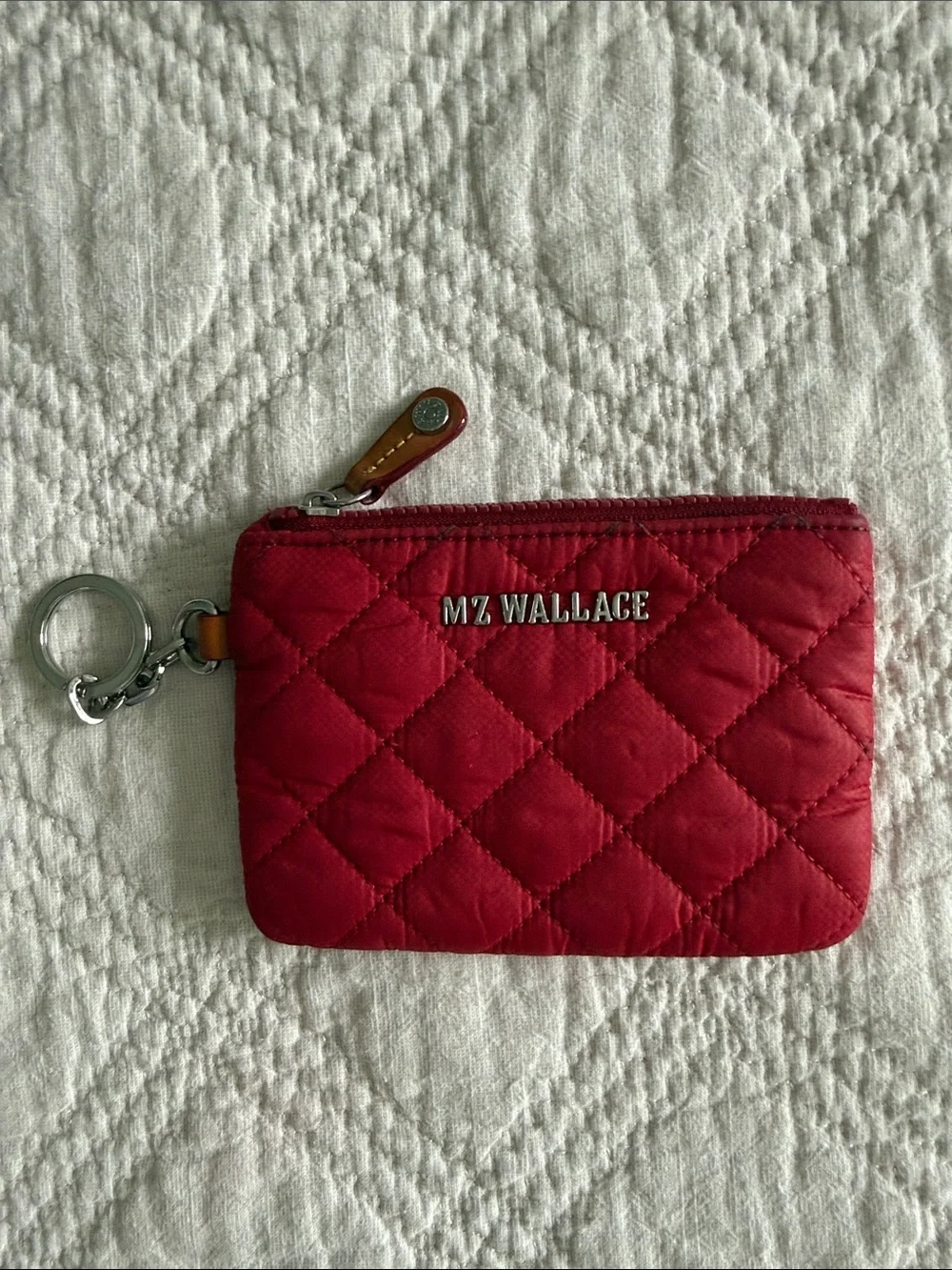 Mz Wallace Flat Metro Key Pouch Quilted Zip Card Case in Red Silver Accents
